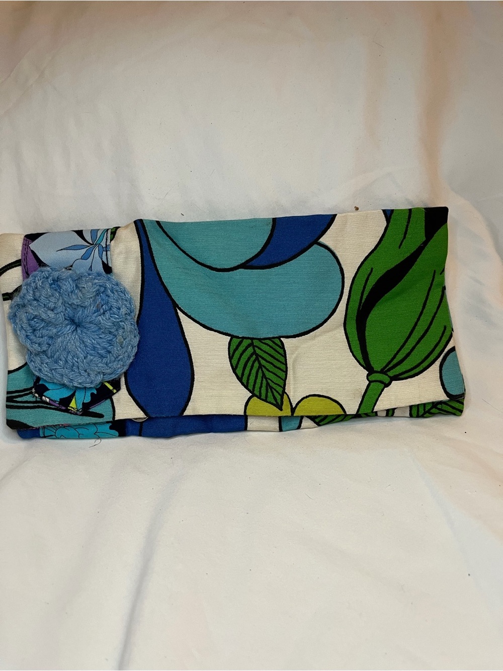 Blue & Green Floral Fold-Over Clutch with Crochet Accent